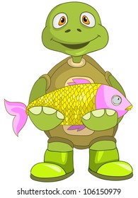 Cartoon Character Funny Turtle Isolated on White Background. Fisherman. Vector EPS 10.
