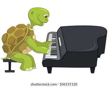 Cartoon Character Funny Turtle Isolated on White Background. Pianist. Vector EPS 10.