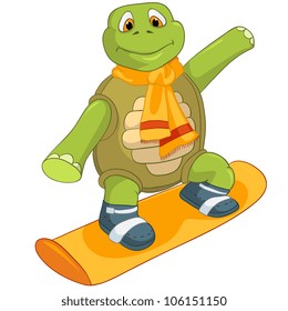 Personaje de caricatura Divertida Tortuga aislada en fondo blanco. Snowboard. EPS vectorial 10.