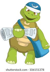 Personaje de caricatura Divertida Tortuga aislada en fondo blanco. Postman. EPS vectorial 10.