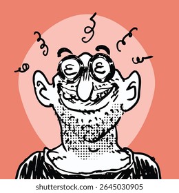 cartoon character funny vector illustration, a weird character with a middle-aged, stubble beard, bald, thick glasses and a geek stereotype