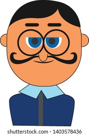 Cartoon-Charakter eines lustig aussehenden Mannes in runden Glaslinsen, eine blaue Jacke mit Kragennektline-Design hat blaue Augen, und ein langer Schnurrbart ist Lächeln, Vektorgrafik, Farbzeichnung oder Illustration.