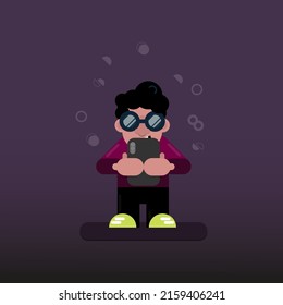 Cartoon character Gadget Kid uses mobile phone. Flat drawing a kid