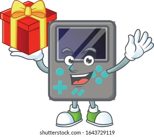cartoon character of game console with a box of gift