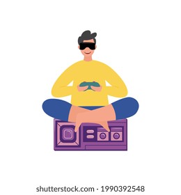 Cartoon character gamer in VR glasses with joystick in hands, flat vector illustration isolated on white background. Young man playing on a computer game console.