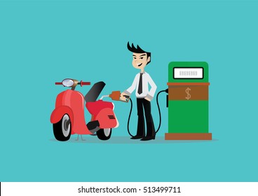 Cartoon character, Gas station and motorcycle his businessman., vector eps10