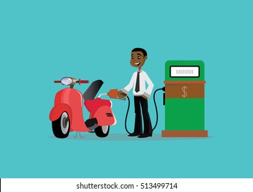 Cartoon character, Gas station and motorcycle his African businessman., vector eps10