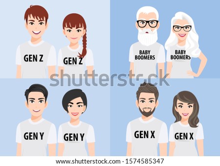 Cartoon character with generations concept. Baby boomers, generation x, generation y or millennial, generation z. Family people in white T-shirt casual on blue background, flat icon design vector Stok fotoğraf © 