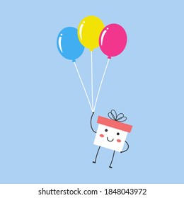 Cartoon-Charakter. Geschenkbox fliegt auf Ballons. Vektorgrafik.