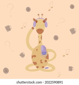 cartoon character giraffe. Cute giraffe listens to music with headphones. Records speech into the microphone