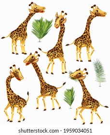 Cartoon character Giraffe from different angles. Cute Africa animals and tropical leaf. Vector illustration.