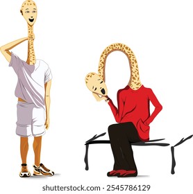 Personaje de dibujos animados de una jirafa que tiene un cuerpo humano y usa ropa humana