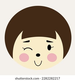 Cartoon character, girl appearance. Emoji sticker, abstract woman appearance with short haircut. Colored shape, Head figure, mascot design. Isolated on white
