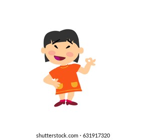 Cartoon character girl in approval attitude; isolated vector illustration.