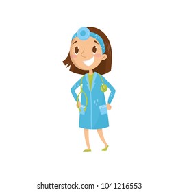 Cartoon character of girl in blue coat with stethoscope around neck and frontal mirror on head. Kid dream of becoming doctor. Child playing in adult. Flat vector design