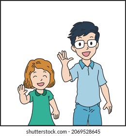 cartoon character girl and boy waving hand on white background