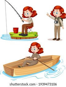 Cartoon character of a girl in camping outfits doing different activities illustration