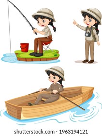 Cartoon character of a girl in camping outfits doing different activities illustration