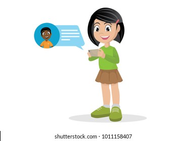 Cartoon character, Girl with Chat messages notification on smartphone., vector eps10