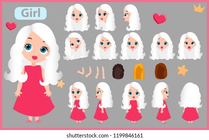 Cartoon Character Girl Constructor Creation Mascot Kit. Set With Positions, Haircuts, Emotions. Isolated Vector Illustration