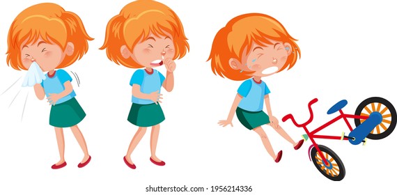 Cartoon character of a girl doing different activities illustration