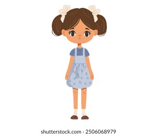 Cartoon character girl in dress with hair bows on white background