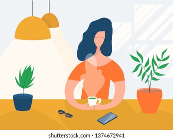 Cartoon character girl drinking hot tea coffee sitting at a table in a cafe. Concept relaxing woman in a modern interior with lamps and plants. Flat vector illustration
