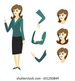 cartoon character girl is generator of gestures and hairstyles. Flat style vector illustration.