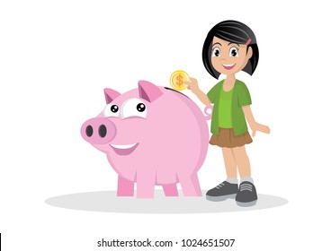 Cartoon character, Girl with a Golden Coin Standing Near the Piggy Bank., vector eps10
