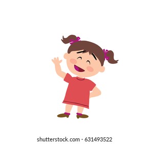 Cartoon character girl greeting; isolated vector illustration.