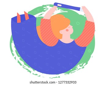 Cartoon character girl hanging in the air. In the hands of holding a positive pregnancy test. Good news for the future mother. Vector illustration.