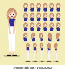 Cartoon character with girl head vector set. pretty lady face with many emotions. Flat vector