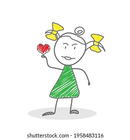 Cartoon character of a girl with a heart in her hand. Simple editable linear icon. Flat style