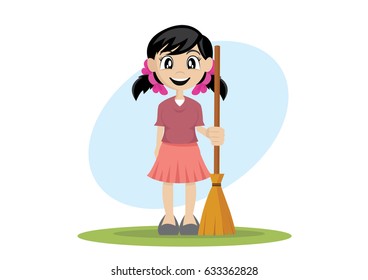 Cartoon character, Girl holding a broom., vector eps10