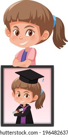 Cartoon character of a girl holding her graduation portrait photo illustration