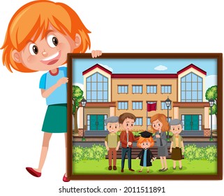 Cartoon character of a girl holding her graduation photo illustration