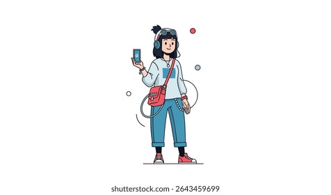 Cartoon Character Girl Listening Music with Headphones Casual Clothes Bag And Holding Smartphone