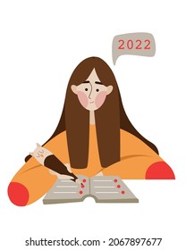 Cartoon character girl with long brown hair in orange sweater sits at the table and writes plans for the week, month, year 2022. Planning, planer, 365 day planer cover, list to do. Owl pen. 