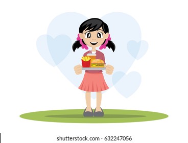 Cartoon character, Girl love to eat set hamburgers., vector eps10