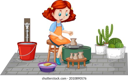 Cartoon character girl making pottery clay on white background illustration