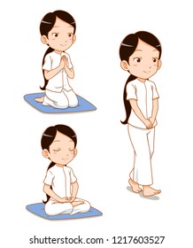 Cartoon character of girl meditating, observe Buddhist Precepts. practices Dharma.