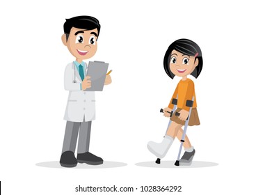 Cartoon character, The girl with a plastered leg and crutches next to the doctor., vector eps10