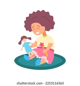 Cartoon Character Girl Playing with Doll Cute Little Kid Concept Flat Design Style Isolated on a White Background. Vector illustration