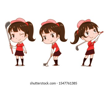 Cartoon character of girl playing golf.