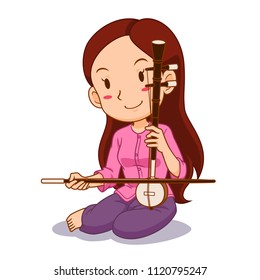 Cartoon character of girl playing Saw-U. Thai bowed string instrument.