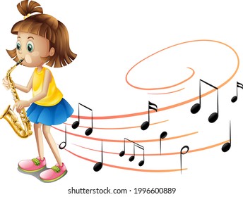 Cartoon character of a girl playing saxophone with musical melody symbols illustration