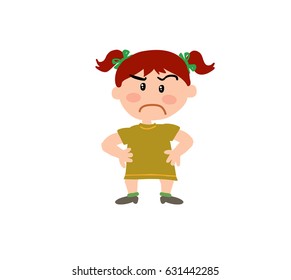 Cartoon character girl serious; isolated vector illustration.