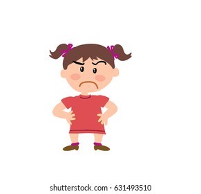Cartoon character girl serious; isolated vector illustration.