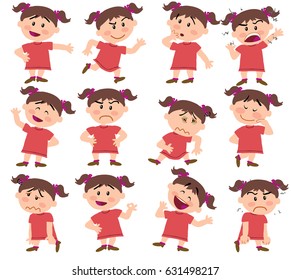 Cartoon character girl set with different postures, attitudes and poses, doing different activities in isolated vector illustrations.