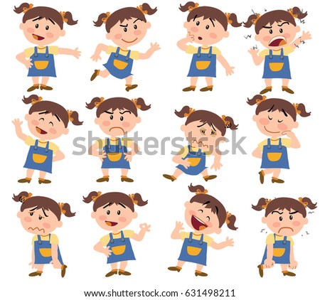 Cartoon character girl set with different postures, attitudes and poses, doing different activities in isolated vector illustrations.